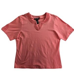 Denim & Co. Sz L Embroidered Tee Short Sleeve Casual‎ Embroidered Stretch Top